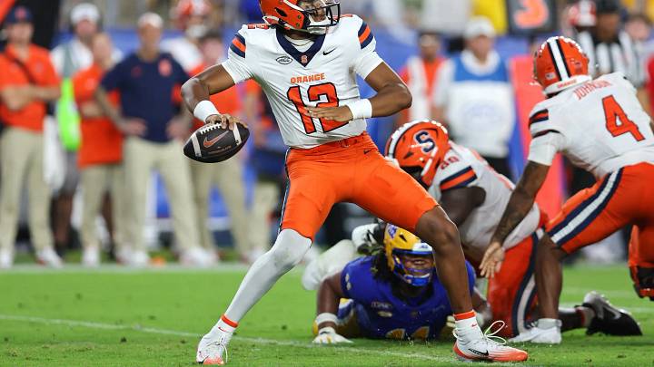 PITTSBURGH, PA - SEPTEMBER 17: Syracuse Orange quarterback Amari Odom (12) throws a pass during the fourth quarter of the college football game between the Syracuse Orange and Pittsburgh Panthers on September 17, 2026, at Acrisure Stadium in Pittsburgh, PA. (Photo by Frank Jansky/Icon Sportswire via Getty Images) Icon Sportswire via Getty Images