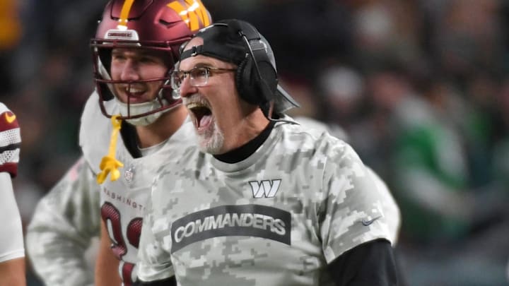 Nov 14, 2024; Philadelphia, Pennsylvania, USA; Washington Commanders head coach Dan Quinn reacts after a touchdown  against the Philadelphia Eagles during the first quarter at Lincoln Financial Field. Mandatory Credit: Eric Hartline-Imagn Images