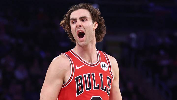 Apr 3, 2026; New York, New York, USA;  Chicago Bulls guard Josh Giddey (3) reacts to a call in the third quarter against the New York Knicks at Madison Square Garden. Mandatory Credit: Wendell Cruz-Imagn Images