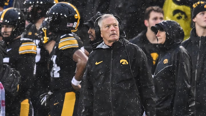 Nov 8, 2025; Iowa City, Iowa, USA; Iowa Hawkeyes head coach Kirk Ferentz looks at a replay on the scoreboard during the second quarter against the Oregon Ducks at Kinnick Stadium. Mandatory Credit: Jeffrey Becker-Imagn Images