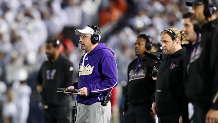 Nov 9, 2024; University Park, Pennsylvania, USA; Washington Huskies head coach Jedd Fisch looks on from the sideline during the second quarter against the Penn State Nittany Lions at Beaver Stadium. Mandatory Credit: Matthew O'Haren-Imagn Images