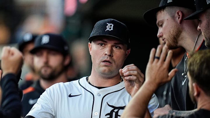Detroit Tigers pitcher Tarik Skubal high-fives teammates in the dugout after a pitching change during the seventh inning at Comerica Park in Detroit on Wednesday, May 14, 2025.