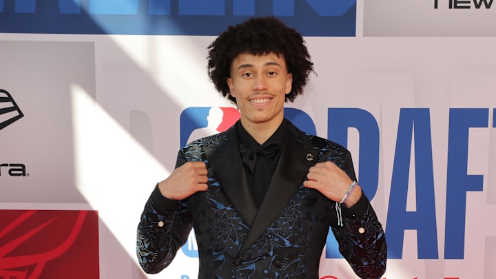 Jun 25, 2025; Brooklyn, NY, USA; Nolan Traore arrives before the first round of the 2025 NBA Draft at Barclays Center. Mandatory Credit: Brad Penner-Imagn Images