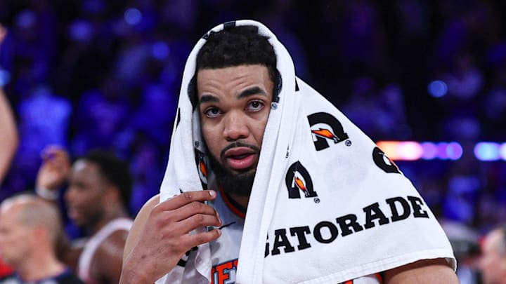 New York Knicks center Karl-Anthony Towns after defeating the Atlanta Hawks in the 2026 NBA Playoffs at Madison Square Garden on April 18, 2026.