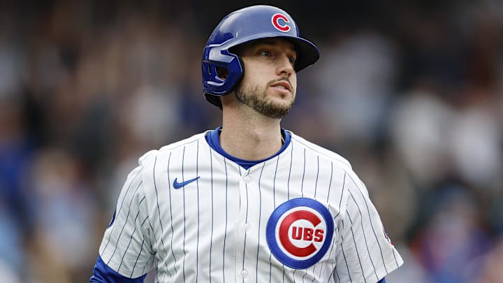 Apr 18, 2025; Chicago, Illinois, USA; Chicago Cubs outfielder Kyle Tucker (30) rounds the bases after hitting a two-run home run against the Arizona Diamondbacks during the eighth inning at Wrigley Field