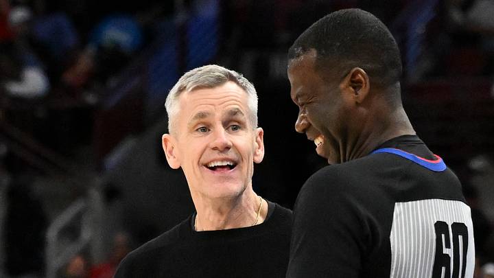 Apr 10, 2026; Chicago, Illinois, USA; Chicago Bulls Head Coach Billy Donovan laughs with an official during the second half against the Orlando Magic at the United Center. Mandatory Credit: Matt Marton-Imagn Images Apr 10, 2026; Chicago, Illinois, USA; Chicago Bulls Head Coach Billy Donovan laughs with an official during the second half against the Orlando Magic at the United Center. Mandatory Credit: Matt Marton-Imagn Images