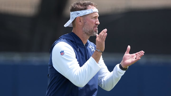 Jul 22, 2025; Oxnard, CA, USA; Dallas Cowboys coach Brian Schottenheimer during training camp at the River Ridge Fields. Mandatory Credit: Kirby Lee-Imagn Images