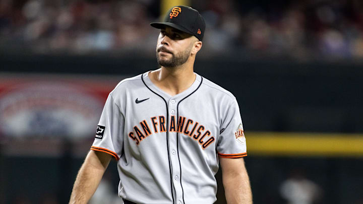 Sep 16, 2025; Phoenix, Arizona, USA; San Francisco Giants pitcher Joey Lucchesi against the Arizona Diamondbacks at Chase Field. Mandatory Credit: Mark J. Rebilas-Imagn Images