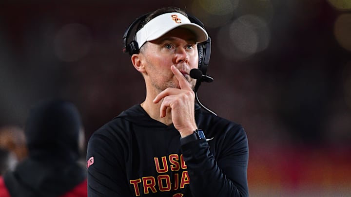 Nov 7, 2025; Los Angeles, California, USA; Southern California Trojans head coach Lincoln Riley watches game action against the Northwestern Wildcats during the second half at the Los Angeles Memorial Coliseum. Mandatory Credit: Gary A. Vasquez-Imagn Images