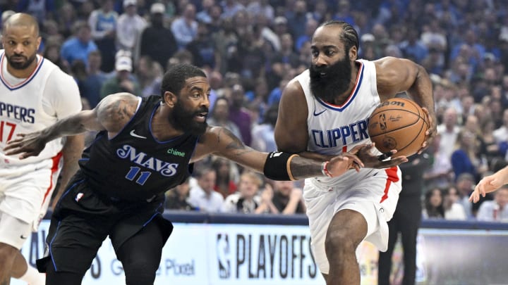 May 3, 2024; Dallas, Texas, USA; LA Clippers guard James Harden (1) drives to the basket past Dallas