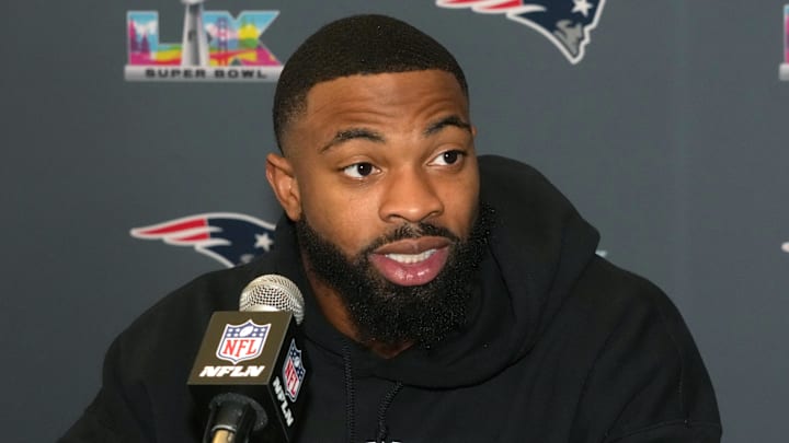 Feb 3, 2026; Santa Clara, CA, USA; New England Patriots linebacker K'lavon Chaisson speaks to the media during Super Bowl LX press conference at Santa Clara Marriott. Mandatory Credit: Kirby Lee-Imagn Images