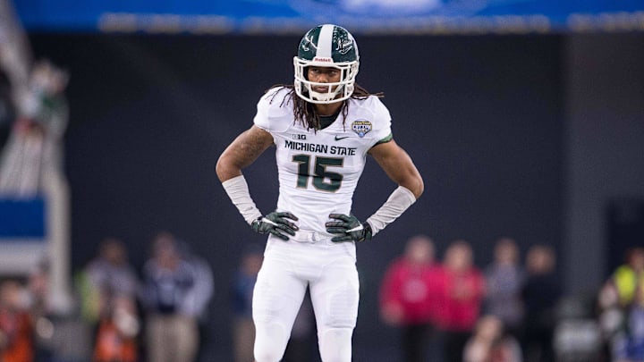 Jan 1, 2015; Arlington, TX, USA; Michigan State Spartans cornerback Trae Waynes (15) during the game against the Baylor Bears in the 2015 Cotton Bowl Classic at AT&T Stadium. The Spartans defeated the Bears 42-41. Mandatory Credit: Jerome Miron-Imagn Images
