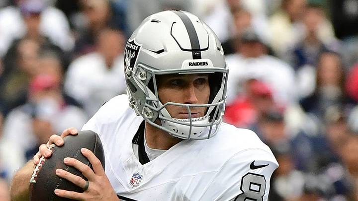 Oct 11, 2026; Foxborough, Massachusetts, USA; Las Vegas Raiders quarterback Kirk Cousins (8) drops back to pass against the New England Patriots during the second quarter at Gillette Stadium. Mandatory Credit: Bob DeChiara-Imagn Images Oct 11, 2026; Foxborough, Massachusetts, USA; Las Vegas Raiders quarterback Kirk Cousins (8) drops back to pass against the New England Patriots during the second quarter at Gillette Stadium. Mandatory Credit: Bob DeChiara-Imagn Images