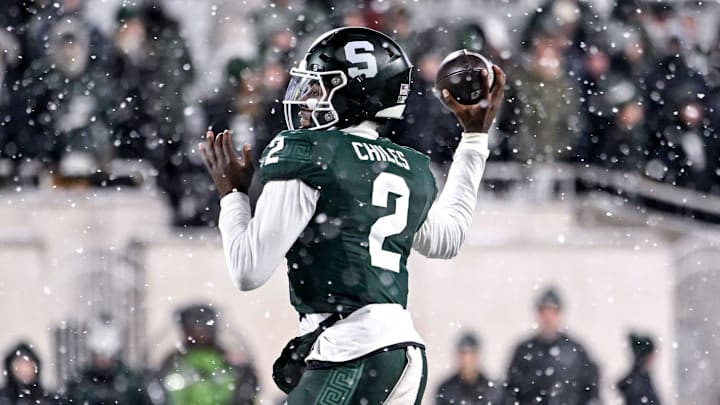 Michigan State's Aidan Chiles throws the ball against Rutgers during the fourth quarter on Saturday, Nov. 30, 2024, at Spartan Stadium in East Lansing.