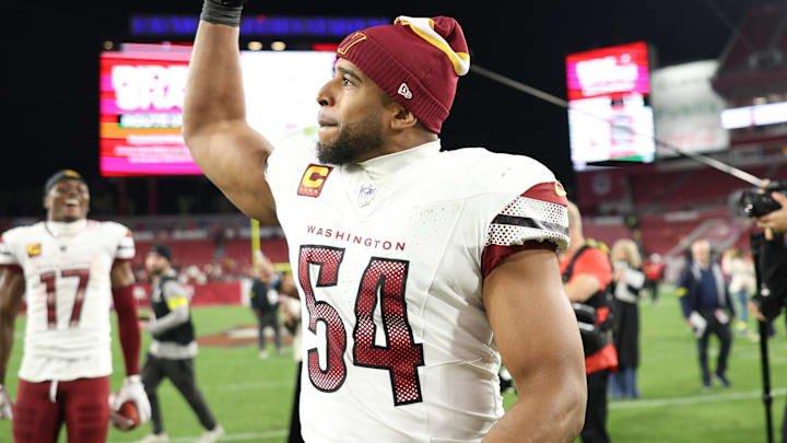 Jan 12, 2025; Tampa, Florida, USA; Washington Commanders linebacker Bobby Wagner (54) celebrates after winning a NFC wild card playoff against the Tampa Bay Buccaneers at Raymond James Stadium. Mandatory Credit: Nathan Ray Seebeck-Imagn Images
