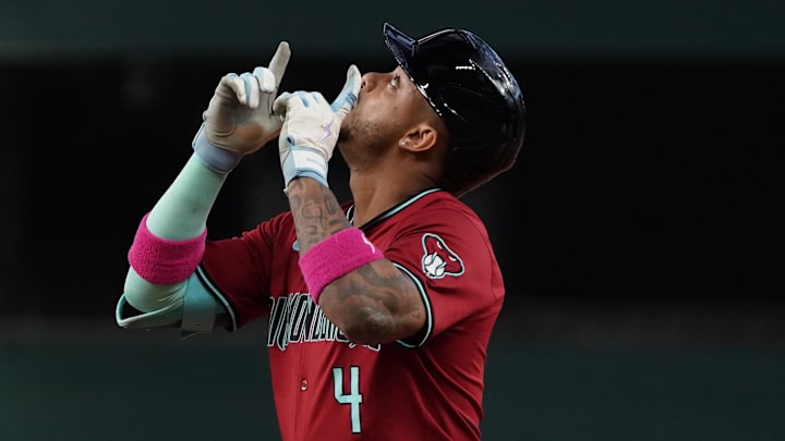 Aug 13, 2025; Arlington, Texas, USA; Arizona Diamondbacks second baseman Ketel Marte (4) reacts after hitting a single during the first inning against the Texas Rangers at Globe Life Field. Mandatory Credit: Raymond Carlin III-Imagn Images Aug 13, 2025; Arlington, Texas, USA; Arizona Diamondbacks second baseman Ketel Marte (4) reacts after hitting a single during the first inning against the Texas Rangers at Globe Life Field. Mandatory Credit: Raymond Carlin III-Imagn Images