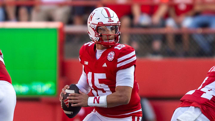 Nebraska quarterback Dylan Raiola scans the field for an open receiver during the second quarter against Rutgers. Nebraska quarterback Dylan Raiola scans the field for an open receiver during the second quarter against Rutgers.
