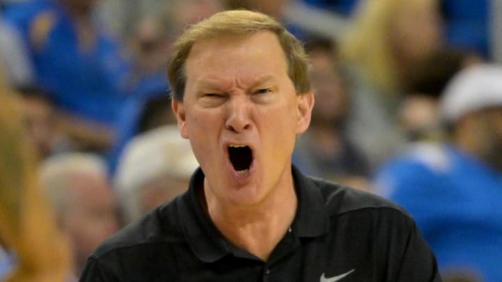 Dec 6, 2025; Los Angeles, California, USA;  Oregon Ducks head coach Dana Altman reacts during the first half at Pauley Pavilion presented by Wescom Financial. Mandatory Credit: Jayne Kamin-Oncea-Imagn Images