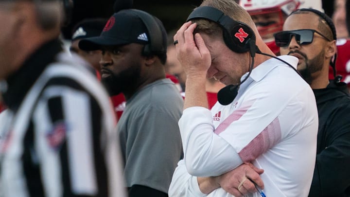 Scott Frost reacts after an interception by Purdue in 2021.
