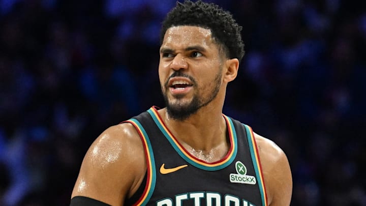 Apr 4, 2026; Philadelphia, Pennsylvania, USA; Detroit Pistons forward Tobias Harris (12) reacts after a basket  against the Philadelphia 76ers during the second half at Xfinity Mobile Arena. Mandatory Credit: Eric Hartline-Imagn Images