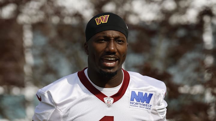 Jul 23, 2025; Ashburn, VA, USA; Washington Commanders wide receiver Deebo Samuel Sr. (1) walks out of team headquarters onto the fields prior to practice on day one of training camp at OrthoVirginia Training Center at Commanders Park. Mandatory Credit: Geoff Burke-Imagn Images