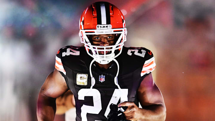 Nov 21, 2024; Cleveland, Ohio, USA; Cleveland Browns running back Nick Chubb (24) is introduced before the game between the Browns and the Pittsburgh Steelers at Huntington Bank Field. Mandatory Credit: Ken Blaze-Imagn Images Nov 21, 2024; Cleveland, Ohio, USA; Cleveland Browns running back Nick Chubb (24) is introduced before the game between the Browns and the Pittsburgh Steelers at Huntington Bank Field. Mandatory Credit: Ken Blaze-Imagn Images