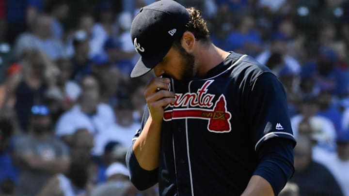 Former Atlanta Braves starting pitcher Bryse Wilson (46) leaves the game against the Chicago Cubs in the fifth inning at Wrigley Field.