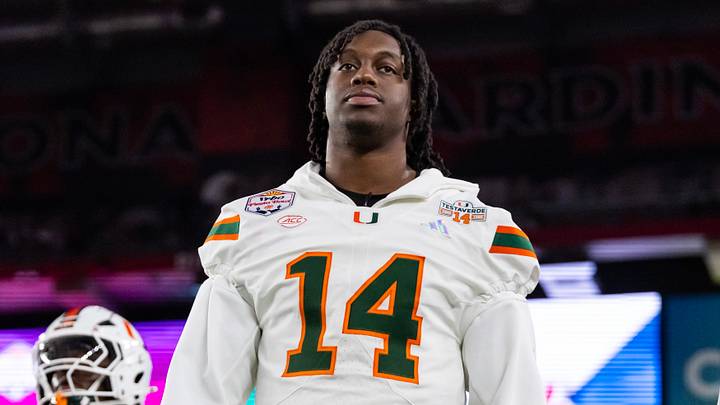 Jan 8, 2026; Glendale, AZ, USA; Miami Hurricanes defensive lineman Hayden Lowe (14) against the Mississippi Rebels during the 2026 Fiesta Bowl and semifinal game of the College Football Playoff at State Farm Stadium. Mandatory Credit: Mark J. Rebilas-Imagn Images