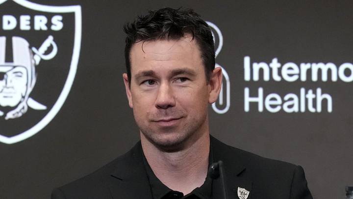 Las Vegas Raiders coach Klint Kubiak at press conference.