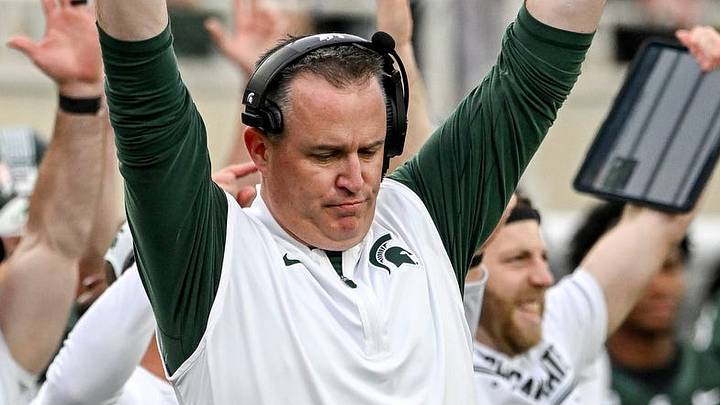 Michigan State’s head coach Pat Fitzgerald celebrates after a touchdown under review was upheld during the third quarter against Illinois on Saturday, Oct. 10, 2026, at Spartan Stadium in East Lansing. Michigan State’s head coach Pat Fitzgerald celebrates after a touchdown under review was upheld during the third quarter against Illinois on Saturday, Oct. 10, 2026, at Spartan Stadium in East Lansing.