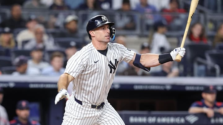 Aug 21, 2025; Bronx, New York, USA;  New York Yankees first base Paul Goldschmidt (48) hits an RBI single in the fourth inning against the Boston Red Sox at Yankee Stadium. Mandatory Credit: Wendell Cruz-Imagn Images