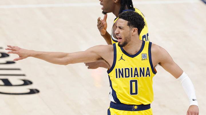 Jun 22, 2025; Oklahoma City, Oklahoma, USA; Indiana Pacers guard Tyrese Haliburton (0) reacts after a play against the Oklahoma City Thunder during the first half of game seven of the 2025 NBA Finals at Paycom Center. Mandatory Credit: Alonzo Adams-Imagn Images