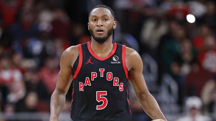 Feb 19, 2026; Chicago, Illinois, USA; Toronto Raptors guard Immanuel Quickley (5) brings the ball up court against the Chicago Bulls during the first half at United Center. Mandatory Credit: Kamil Krzaczynski-Imagn Images Feb 19, 2026; Chicago, Illinois, USA; Toronto Raptors guard Immanuel Quickley (5) brings the ball up court against the Chicago Bulls during the first half at United Center. Mandatory Credit: Kamil Krzaczynski-Imagn Images