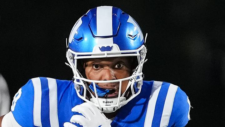Aug 28, 2025; Durham, North Carolina, USA; Duke Blue Devils wide receiver Jayden Moore (8) runs with the ball after his catch against the Elon Phoenix during the first half at Wallace Wade Stadium. Mandatory Credit: James Guillory-Imagn Images Aug 28, 2025; Durham, North Carolina, USA; Duke Blue Devils wide receiver Jayden Moore (8) runs with the ball after his catch against the Elon Phoenix during the first half at Wallace Wade Stadium. Mandatory Credit: James Guillory-Imagn Images