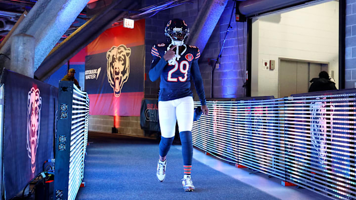 Nov 9, 2025; Chicago, Illinois, USA; Chicago Bears cornerback Tyrique Stevenson (29) takes the field before the game against the New York Giants at Soldier Field. Mandatory Credit: Mike Dinovo-Imagn Images