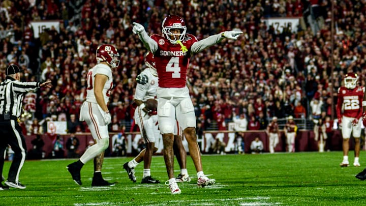 Oklahoma defensive back Courtland Guillory celebrates against Alabama in the CFP.