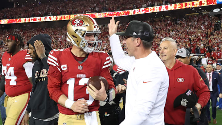 San Francisco 49ers quarterback Brock Purdy (L) and head coach Kyle Shanahan (R) San Francisco 49ers quarterback Brock Purdy (L) and head coach Kyle Shanahan (R)