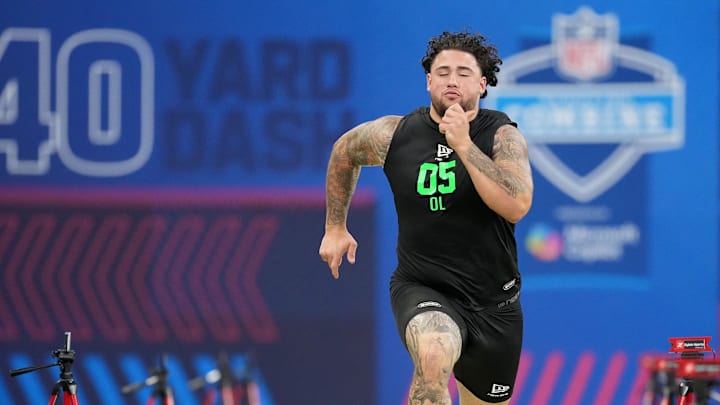 Mar 1, 2026; Indianapolis, IN, USA; Texas A&M offensive lineman Chase Bisontis (OL05) during the NFL Scouting Combine at Lucas Oil Stadium. Mandatory Credit: Kirby Lee-Imagn Images Mar 1, 2026; Indianapolis, IN, USA; Texas A&M offensive lineman Chase Bisontis (OL05) during the NFL Scouting Combine at Lucas Oil Stadium. Mandatory Credit: Kirby Lee-Imagn Images