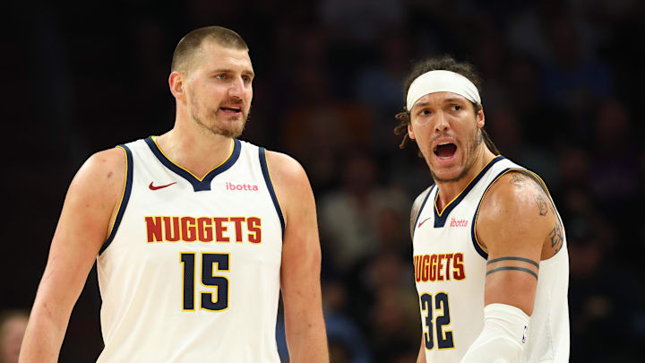 Mar 24, 2026; Phoenix, Arizona, USA; Denver Nuggets center Nikola Jokic (15) and forward Aaron Gordon (32) against the Phoenix Suns at Mortgage Matchup Center. Mandatory Credit: Mark J. Rebilas-Imagn Images Mar 24, 2026; Phoenix, Arizona, USA; Denver Nuggets center Nikola Jokic (15) and forward Aaron Gordon (32) against the Phoenix Suns at Mortgage Matchup Center. Mandatory Credit: Mark J. Rebilas-Imagn Images