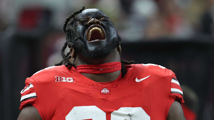 Dec 6, 2025; Indianapolis, IN, USA; Ohio State Buckeyes defensive lineman Kayden McDonald (98) reacts before the 2025 Big Ten championship game against the Indiana Hoosiers at Lucas Oil Stadium. Mandatory Credit: Trevor Ruszkowski-Imagn Images
