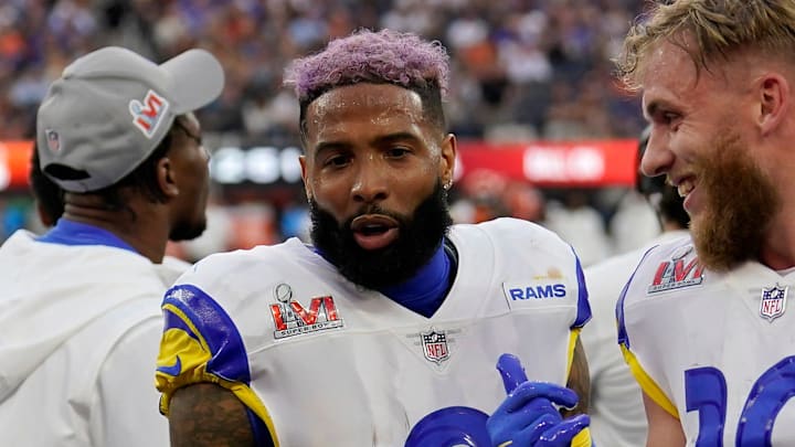 Los Angeles Rams wide receiver Odell Beckham Jr. (3) and wide receiver Cooper Kupp (10) laugh on the sidelines the second quarter of Super Bowl 56 between the Cincinnati Bengals and the Los Angeles Rams at SoFi Stadium in Inglewood, Calif., on Sunday, Feb. 13, 2022. The Rams came back in the final minutes of the game to win 23-20 on their home field.

Super Bowl 56 Cincinnati Bengals Vs La Rams