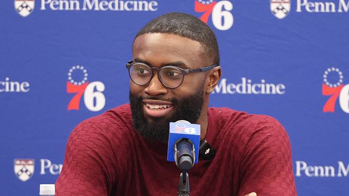Aug 6, 2026; Camden, NJ, USA; Philadelphia 76ers guard Jaylen Brown speaks with the media during his introductory press conference at the Francis J. Myers Recreation Center. Mandatory Credit: Bill Streicher-Imagn Images