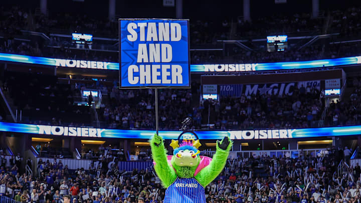 Nov 9, 2025; Orlando, Florida, USA; Orlando Magic mascot Stuff on the court during the second half against the Boston Celtics at Kia Center. Mandatory Credit: Mike Watters-Imagn Images Nov 9, 2025; Orlando, Florida, USA; Orlando Magic mascot Stuff on the court during the second half against the Boston Celtics at Kia Center. Mandatory Credit: Mike Watters-Imagn Images
