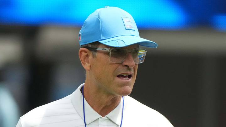 Aug 10, 2025; Inglewood, California, USA; Los Angeles Chargers head coach Jim Harbaugh reacts during the game against he New Orleans Saints at SoFi Stadium. Mandatory Credit: Kirby Lee-Imagn Images