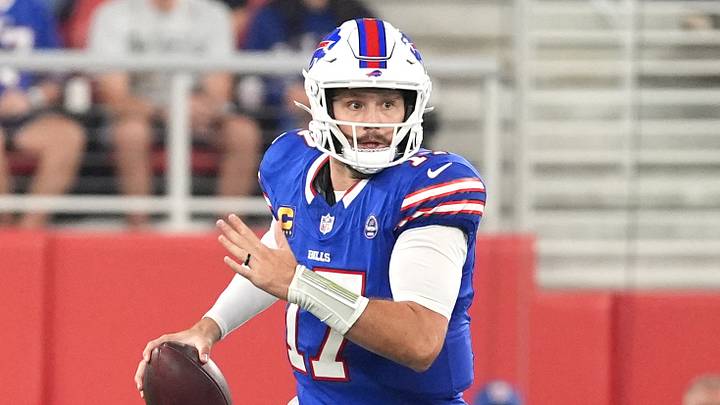 Sep 17, 2026; Orchard Park, New York, USA;  Buffalo Bills quarterback Josh Allen (17) runs against the Detroit Lions during the first half at New Highmark Stadium.  Mandatory Credit: Gregory Fisher-Imagn Images