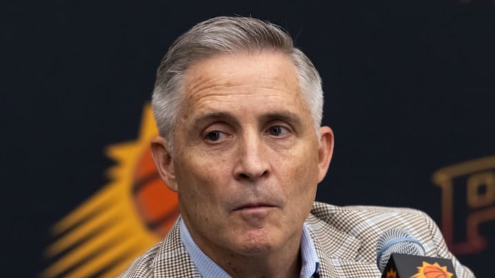 Jun 10, 2025; Scottsdale, AZ, USA; Phoenix Suns general manager Brian Gregory during an introductory press conference at the Verizon 5g Performance Center. Mandatory Credit: Mark J. Rebilas-Imagn Images