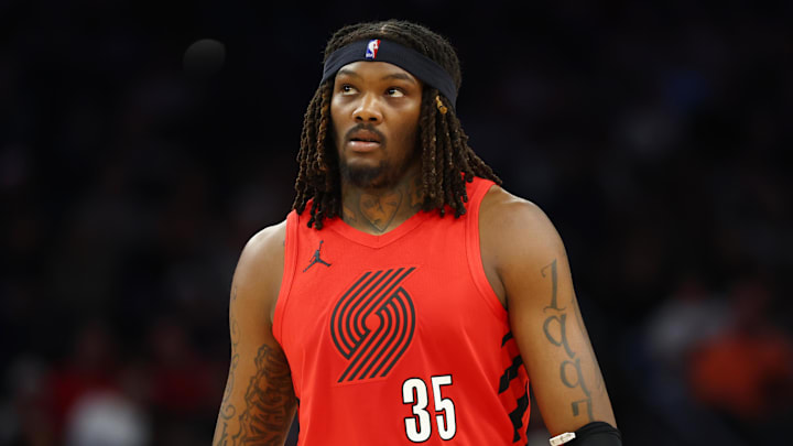 Feb 22, 2026; Phoenix, Arizona, USA; Portland Trail Blazers center Robert Williams III (35) against the Phoenix Suns at Mortgage Matchup Center. Mandatory Credit: Mark J. Rebilas-Imagn Images