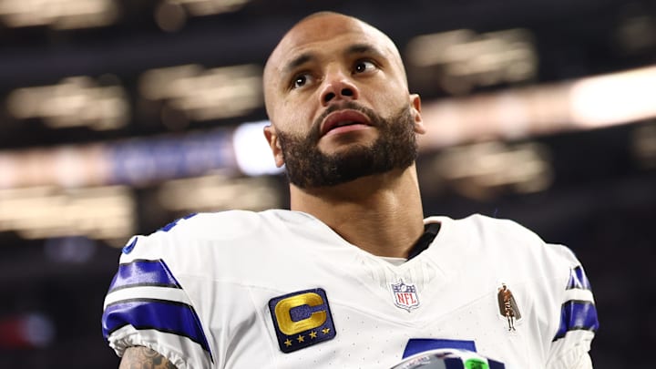 Dec 14, 2025; Arlington, Texas, USA; Dallas Cowboys quarterback Dak Prescott (4) before a game against the Minnesota Vikings at AT&T Stadium. Mandatory Credit: Kevin Jairaj-Imagn Images