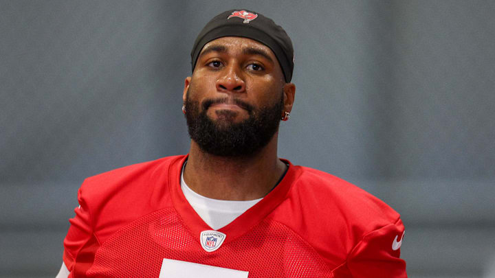 Jun 10, 2025; Tampa Bay, FL, USA; Tampa Bay Buccaneers linebacker Haason Reddick (5) participates in mini camp at AdventHealth Training Center. Mandatory Credit: Nathan Ray Seebeck-Imagn Images