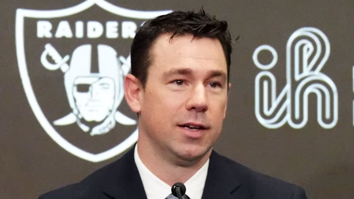Feb 10, 2026; Henderson, NV, USA; Las Vegas Raiders coach Klint Kubiak (left) and general manager John Spytek at introductory press conference at Intermountain Health Performance Center. Mandatory Credit: Kirby Lee-Imagn Images